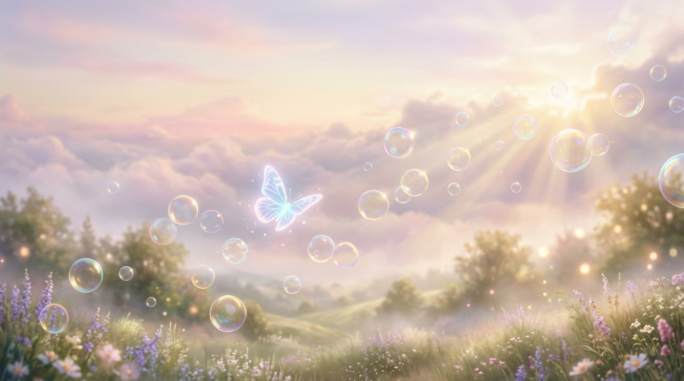 A luminous butterfly among iridescent bubbles in a pastel sky